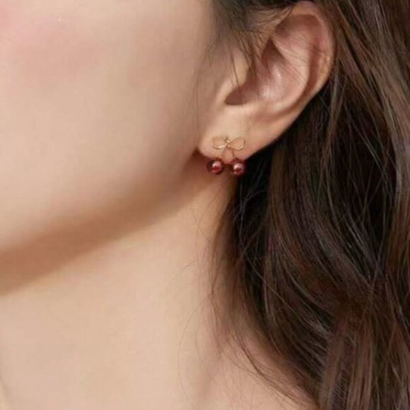 Petite Cherry Bow Earrings in Red & Gold - Picture 2 of 2
